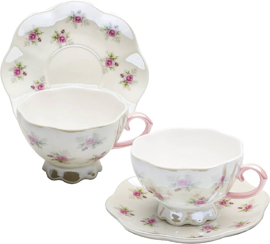 Gracie China Petite Rose Pearl Luster Pink Porcelain Teacup And Saucer 8-Ounce (Set Of 2), Multic... | Amazon (US)