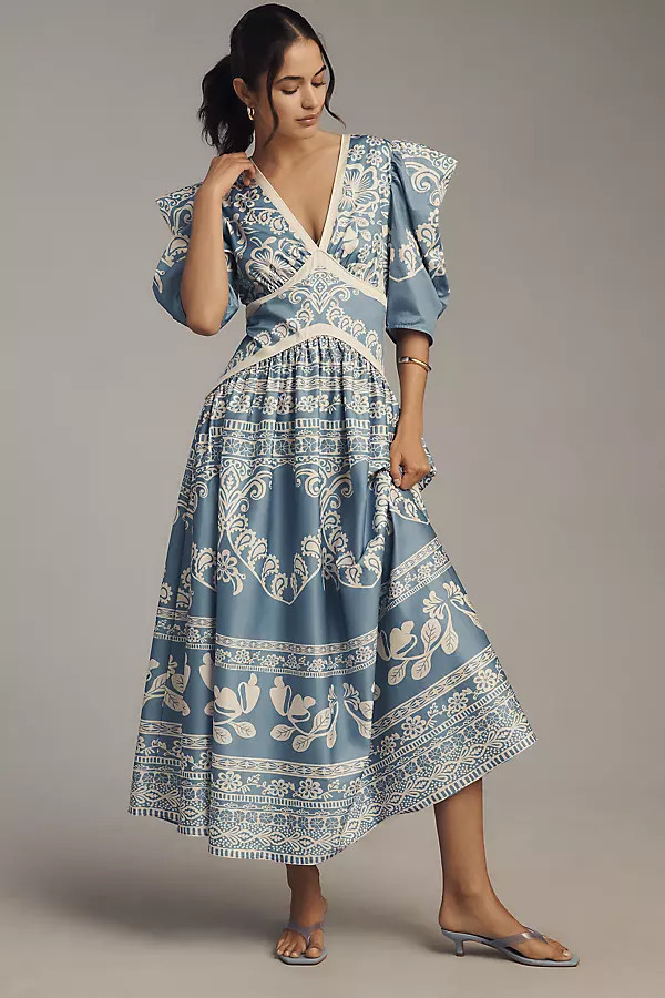 x Anthropologie Printed V-Neck Puff-Sleeve Maxi Dress | Anthropologie (US)