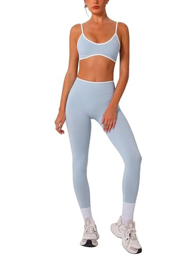 ABOCIW Womens Workout Sets 2 Piece Seamless Color Block Sports Bra Scrunch Butt Lifting High Waist Leggings Gym Set Yoga Pilates Outfits Athletic Work Out Clothes Blue X-Small | Amazon (US)