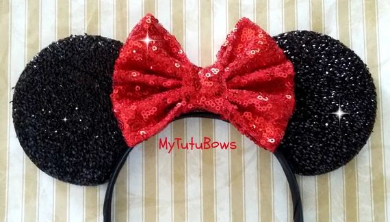 READY TO SHIP Minnie Mouse Ears Headband Black Shimmering Ears Red Sequin Bow Fits Adults and Childr | Etsy (US)