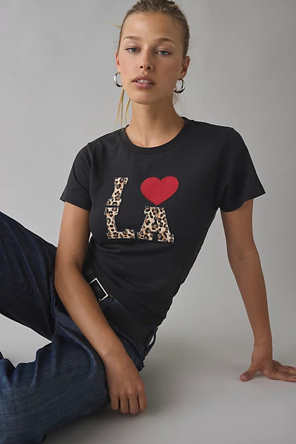 I Heart LA Animal Print Applique Graphic Slim Tee in Dark Grey, Women's at Urban Outfitters | Urban Outfitters (US and RoW)