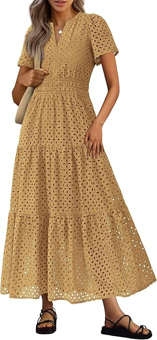 PRETTYGARDEN Womens 2026 Summer Maxi Dress Short Sleeve V Neck Hollow Out Eyelet A Line Long Flow... | Amazon (US)