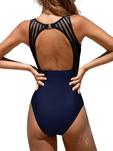 CUPSHE Women's One Piece Swimsuit Bathing Suit Tummy Control High Neck Cutout Back Hook Mesh Swimwear, S Navy Blue | Amazon (US)
