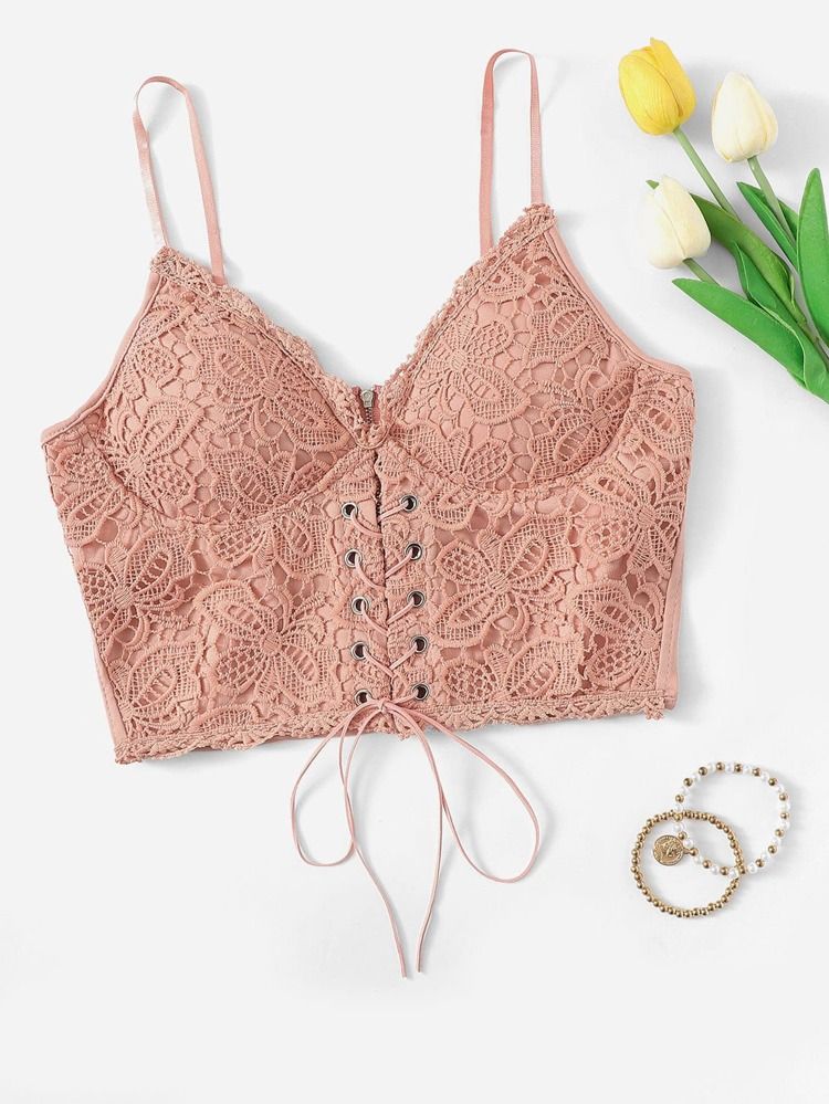 Floral Crochet Lace-Up Bustier Cami Top | SHEIN