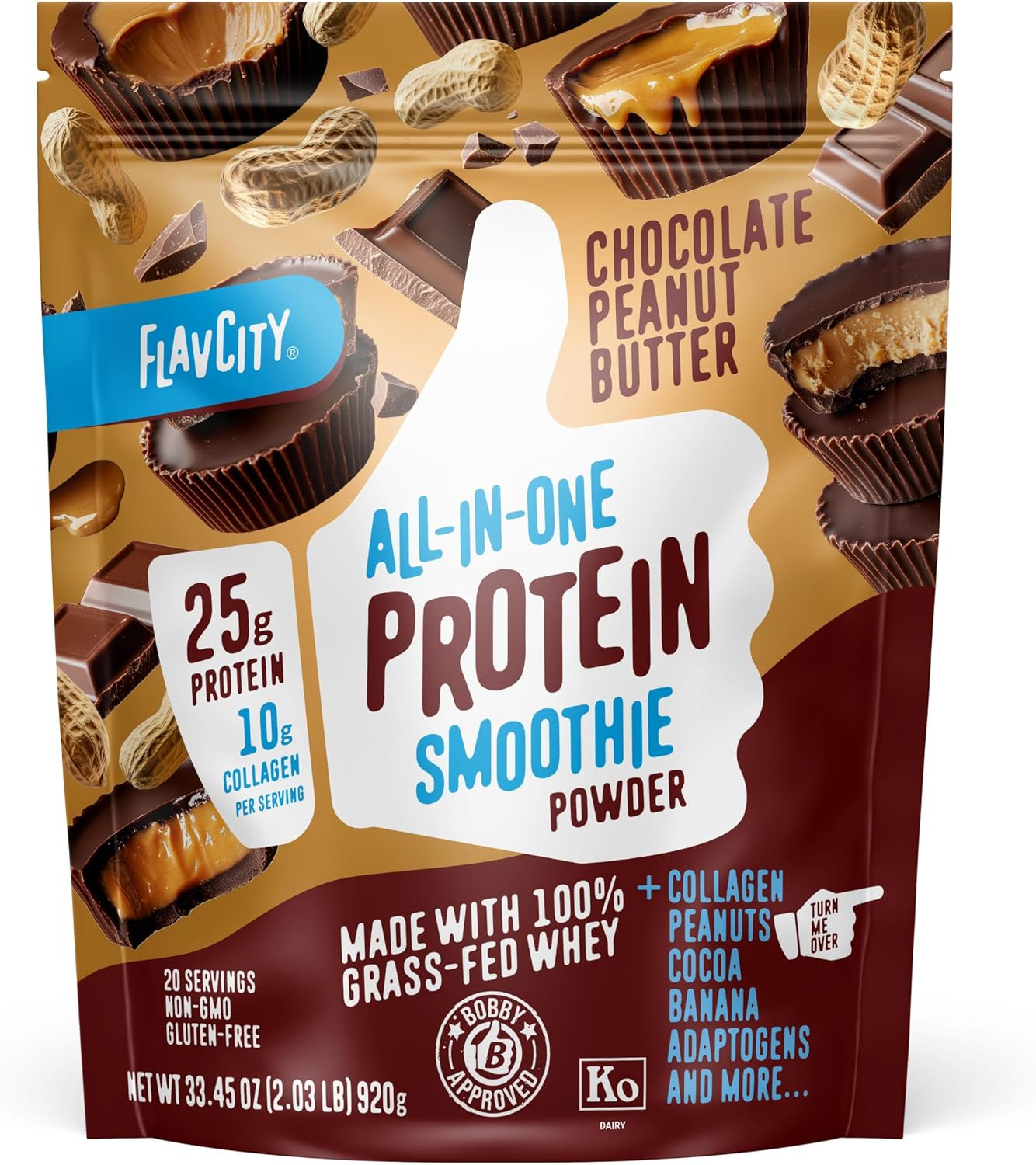 FlavCity Grass Fed Whey Chocolate Protein Powder - Chocolate Peanut Butter - 25g Protein & 10g Collagen - Made with Organic Cocoa & Coconut Milk - Gluten Free & No Added Sugars (20 Servings) | Amazon (US)