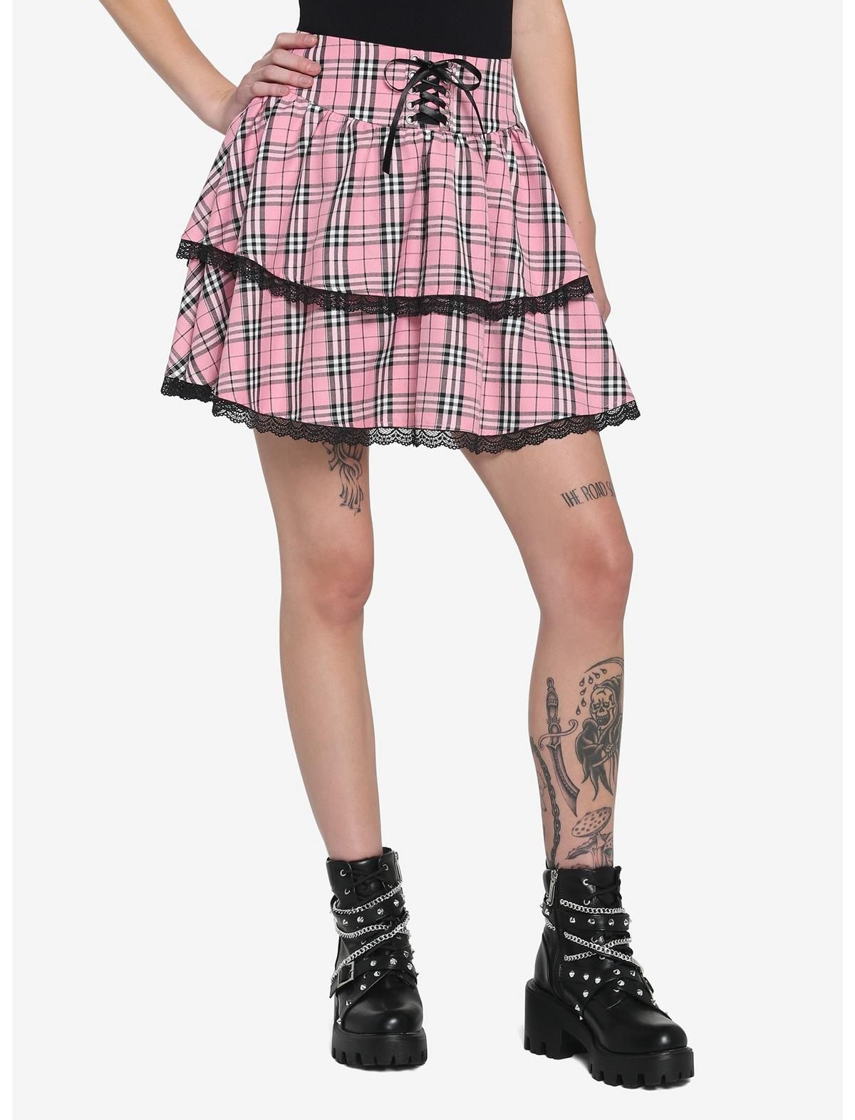 Pink Plaid Lace-Up Tiered Skirt | Hot Topic | Hot Topic