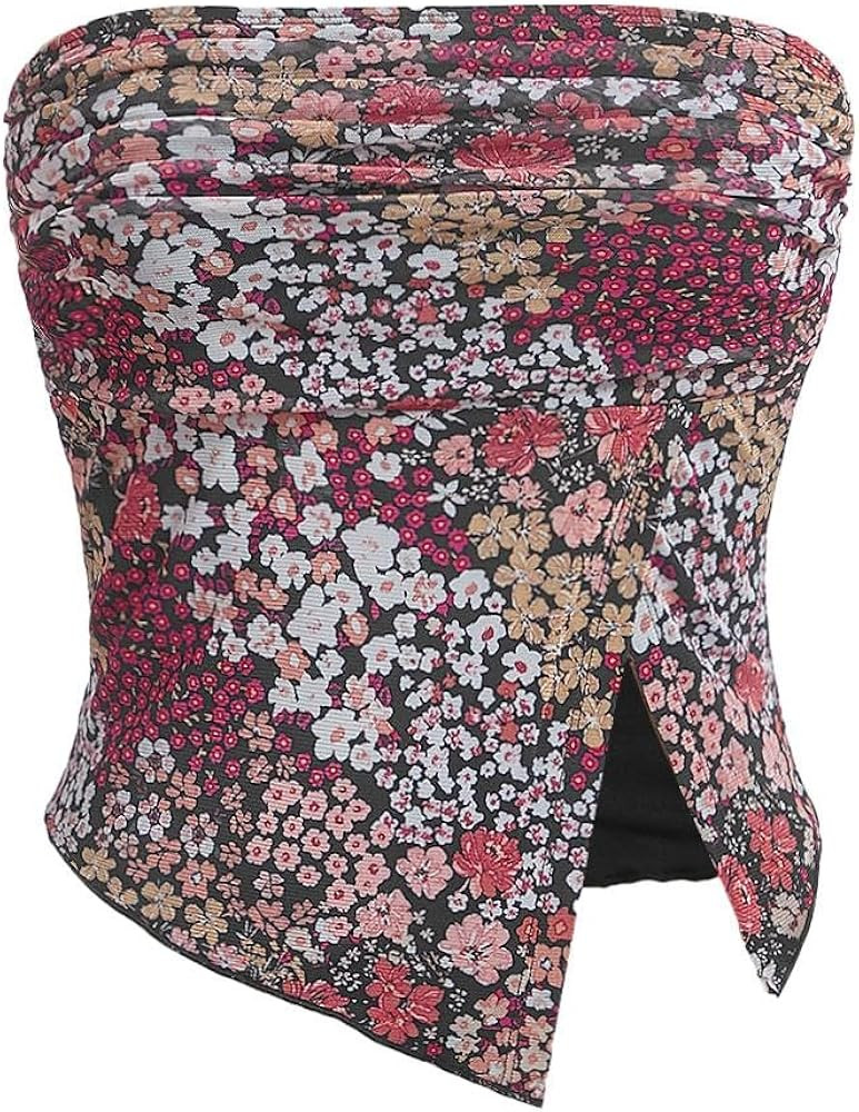 Floerns Women's Boho Floral Print Strapless Mesh Tube Top Split Hem Crop Top | Amazon (US)