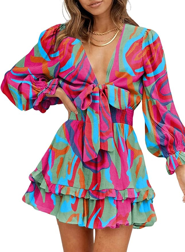 Dokotoo Womens Casual Spring Fall 2025 Deep V Neck Knotted Tiered Chiffon Elegant Mini Short Swin... | Amazon (US)