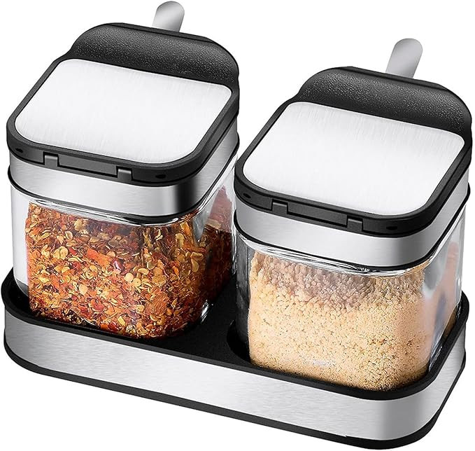 Condiment Jar Spice Container with 304 Stainless Steel Lids and Spoons,Clear Glass Condiment Cani... | Amazon (US)