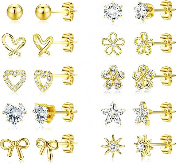 LOYALLOOK Gold Stud Earrings for Women Hypoallergenic - 14K Gold Plated Surgical Steel Earrings f... | Amazon (US)