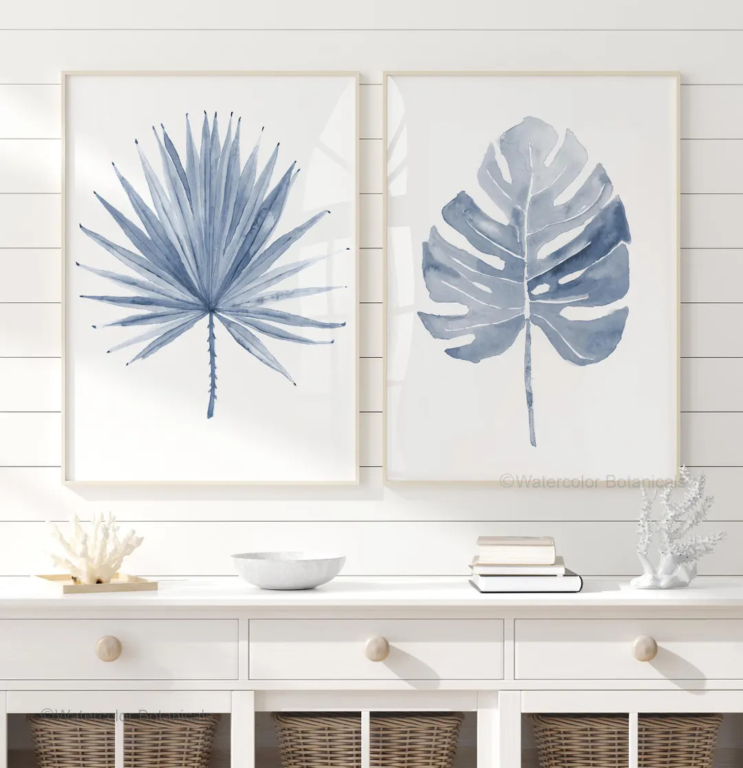 Denim Blue Tropical Leaves, Set of 2 Prints, Minimalist Wall Decor, Watercolor Artwork, Monstera ... | Etsy (US)