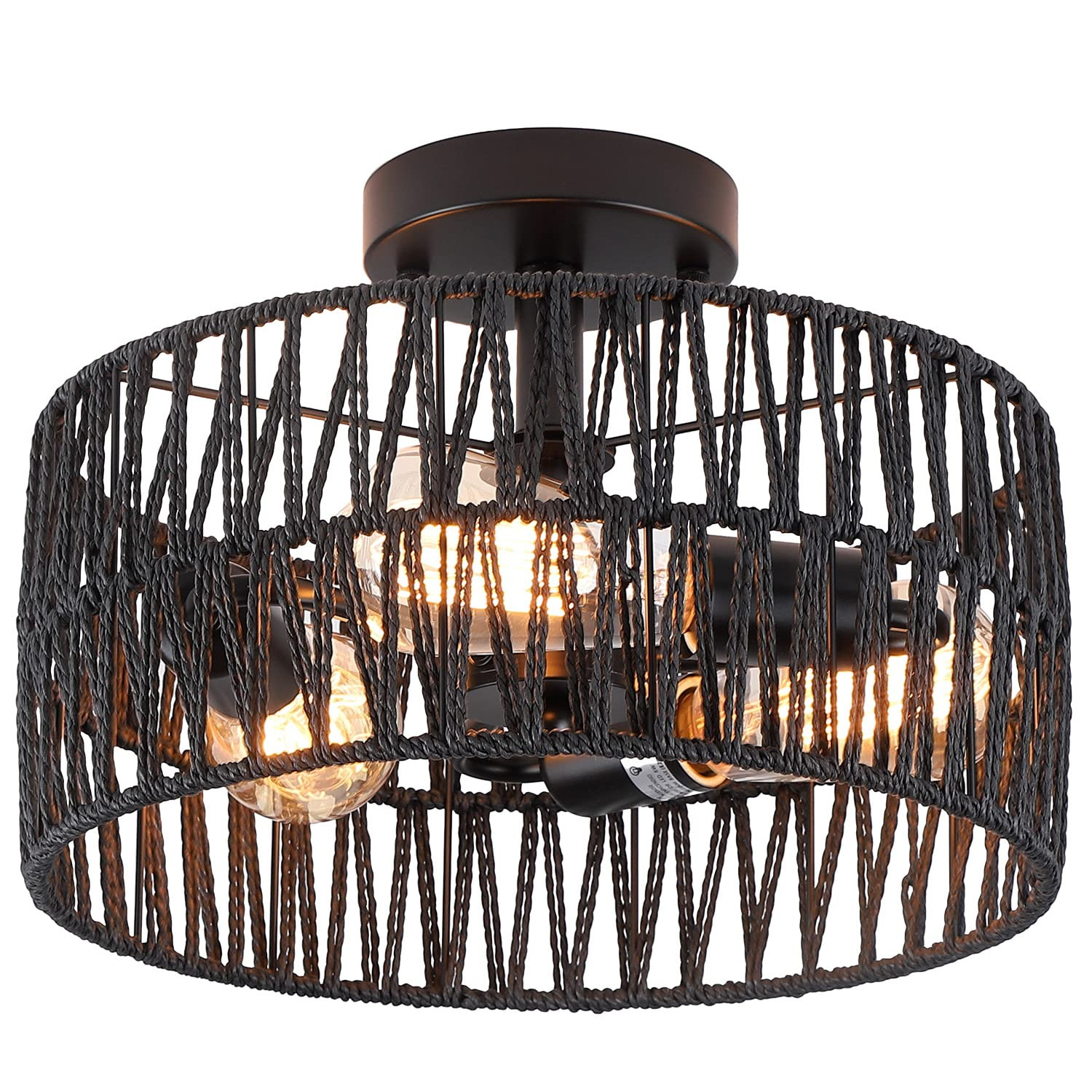 3-Light Coastal Black Woven Flush Mount Light Fixture Rustic Industrial Hemp Rope Flush Mount Cei... | Amazon (US)