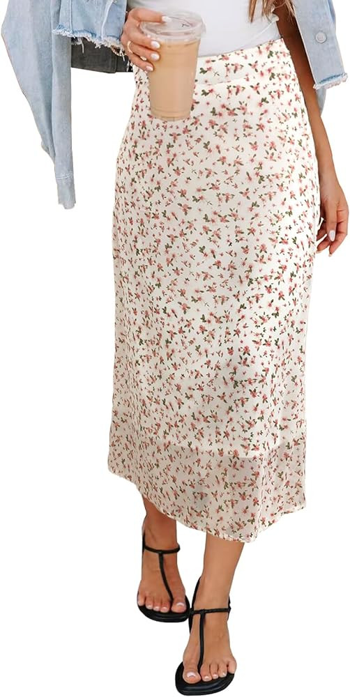 Women’s Floral Print Midi Skirt Casual High Elastic Waist Zipper Vintage Long Boho Skirts for W... | Amazon (US)