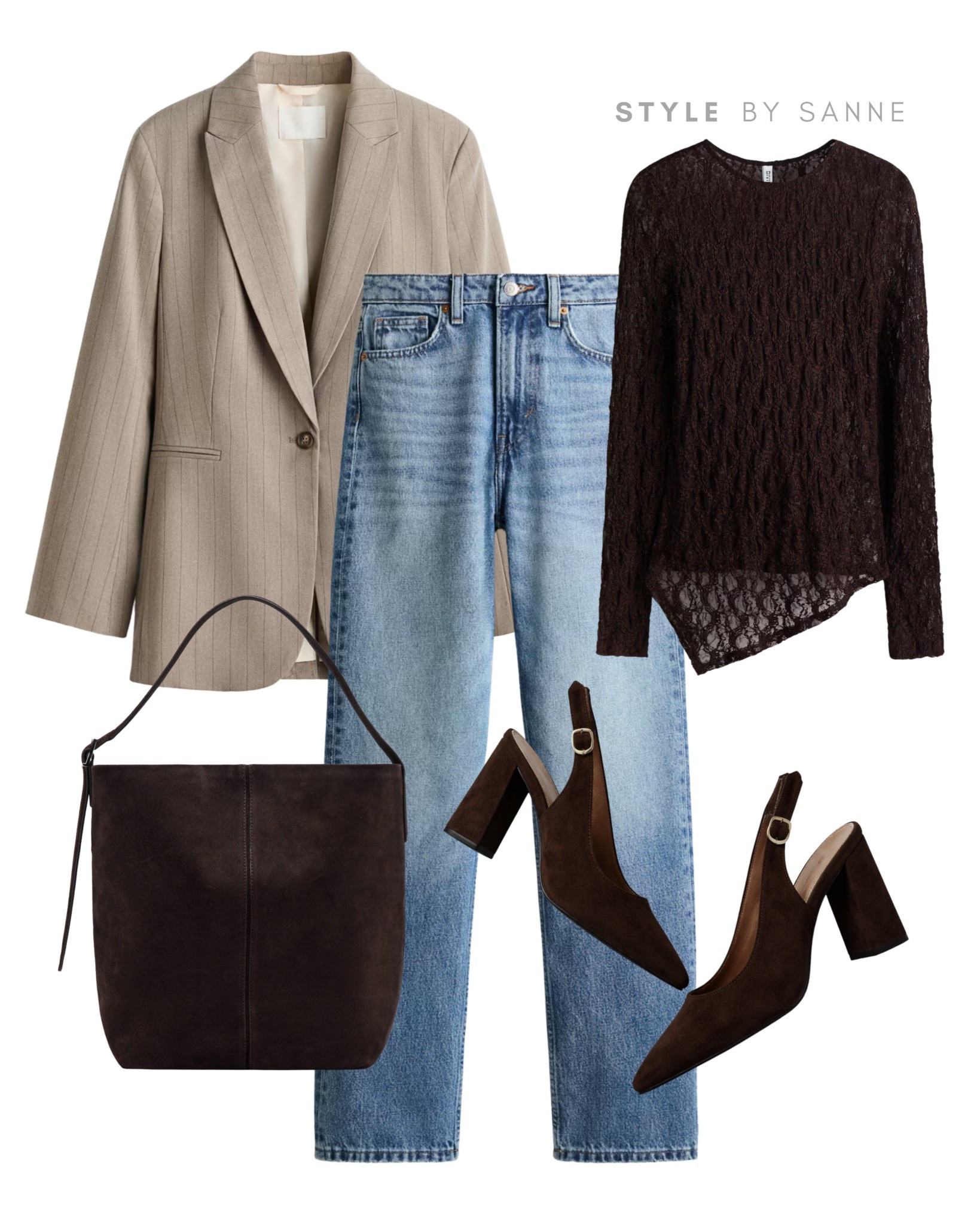 A refined mix of soft tailoring and feminine texture, combining a neutral blazer with denim and a delicate lace top. Finished with rich brown accessories and heels for an effortless day-to-night look.🤎

#LTKstyletip #LTKworkwear #LTKFashionMonth