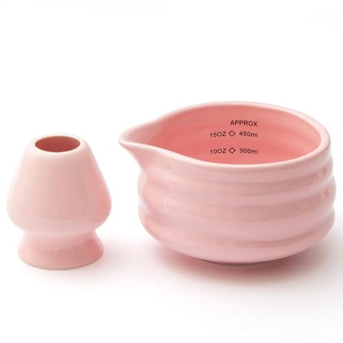 YumiPLUS 2pcs Matcha Bowl with Whisk Holder, Ceramic Pink Matcha Bowl with Spout, 16.5OZ Porcelain Bowl with Measurement Marks, Tea Mixing Bowl with Whisk Stand, Gfit for mom/daughter/girls (pink) | Amazon (US)