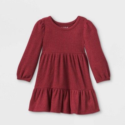 Toddler Girls&#39; Tiered Cozy Long Sleeve Dress - Cat &#38; Jack&#8482; Burgundy 3T | Target