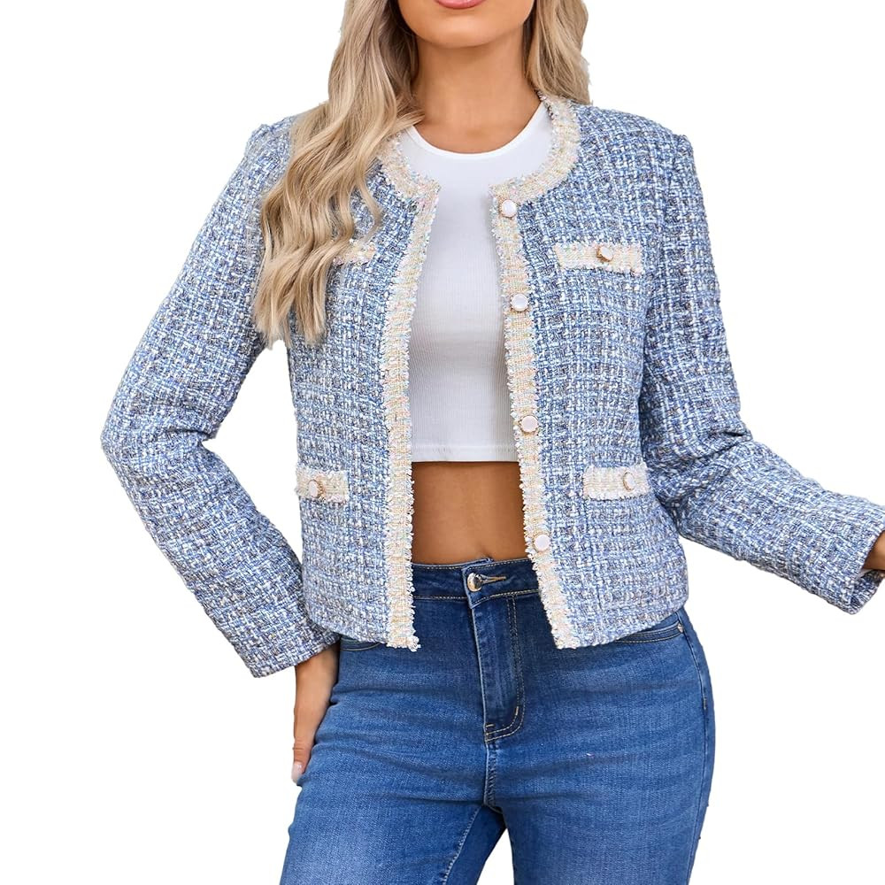 Women's Tweed Blazers Cropped Long Sleeve Crewneck Open Front Lace Trim Lightweight Plaid Work Bu... | Amazon (US)