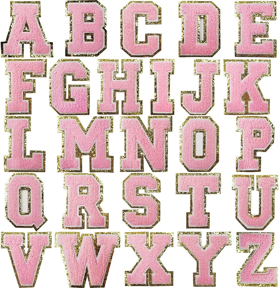 Iron on Letter Patches A-Z Gold Glitters & Pink Chenill,Varsity Initial Patches,Adhesive Sticker ... | Amazon (US)