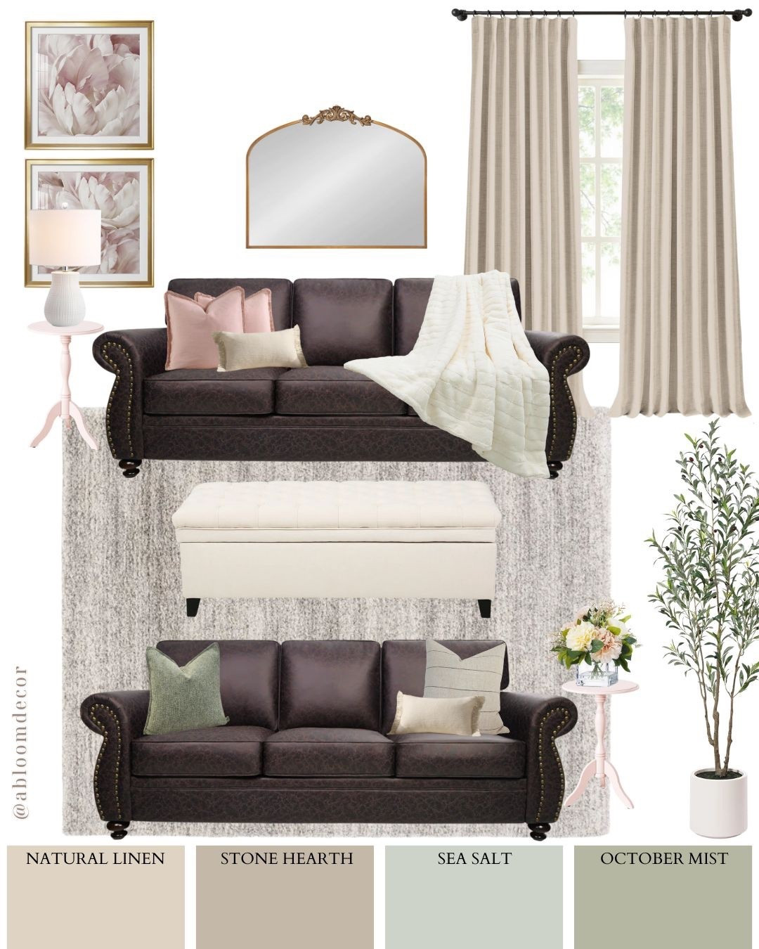 This living room mood board pulls together soft neutrals, cozy textures, and sweet muted pastels to balance the darker sofas. It feels warm, calm, and pulled together without trying too hard—like a space you can actually relax in at the end of the day.

#LTKHome