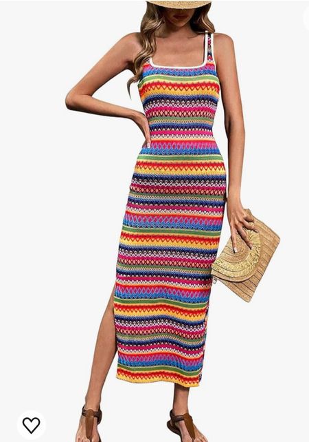 Rainbow striped crochet midi maxi dress. Square neck and perfect for summer wedding guest outfit or beach vacation 

#LTKWedding #LTKFindsUnder50 #LTKParties