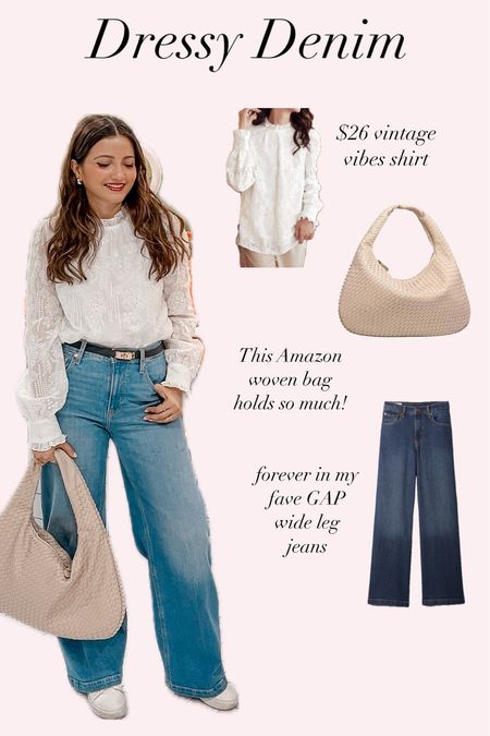 Dressy Denim outfit 

Love this white lace shirt- I’m wearing a size S.

This woven bag from Amazon is one of my most used bags- holds so much and looks so chic.

Also forever wearing my GAP wide leg jeans - the perfect dressy pair!

#LTKover40 #LTKfindsunder100 #LTKstyletip