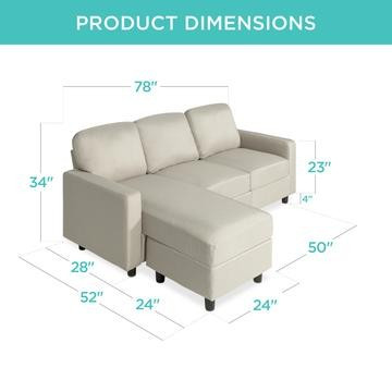 Linen Sectional Sofa Couch w/ Chaise Lounge, Reversible Ottoman Bench | Best Choice Products 