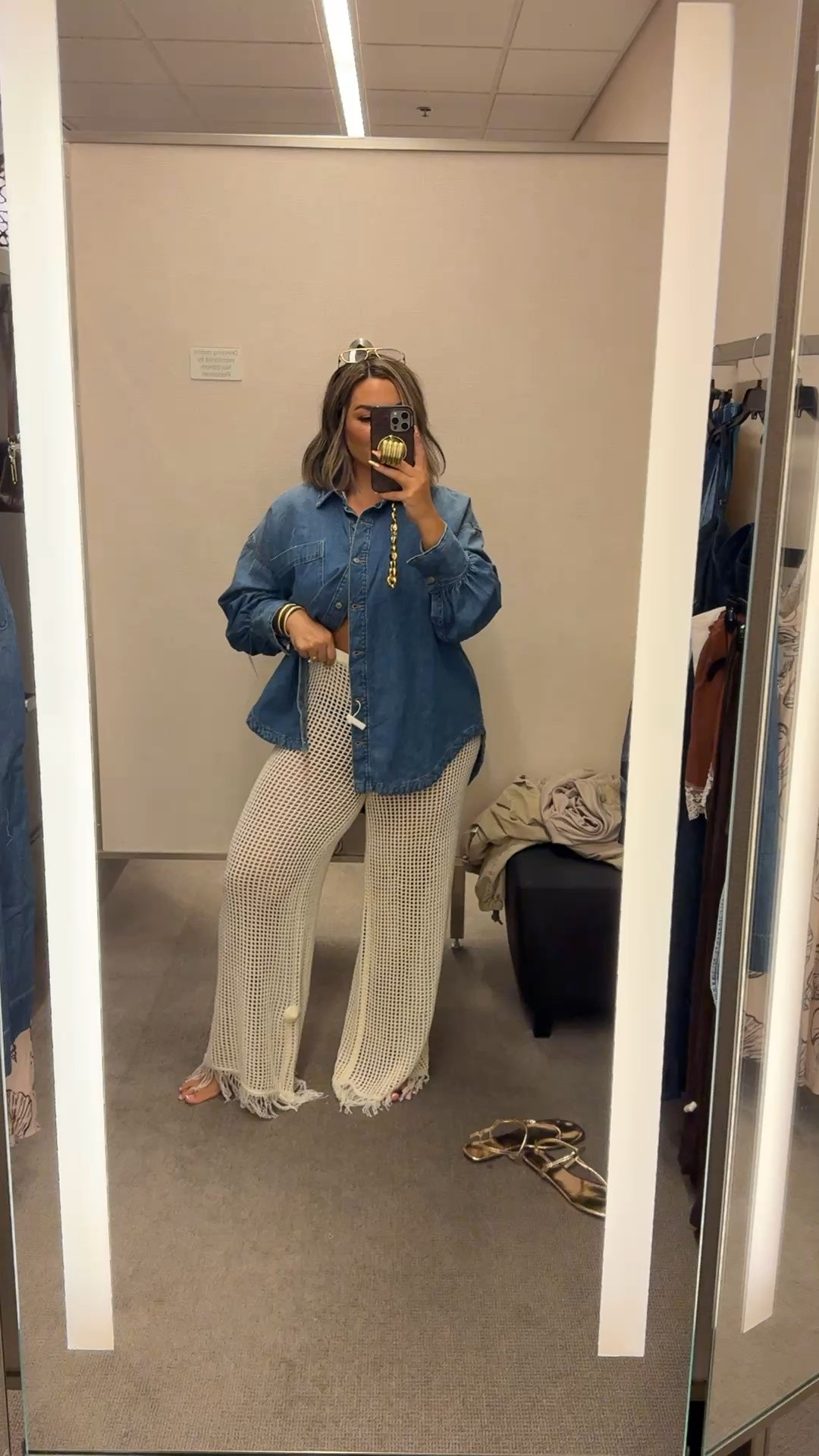 Wouldn’t wear this together but they were sold out in the matching top to the pants in store. 

Pants came home with me tho soooo cute ! 
Size L in the pants and L in the denim top as well.
