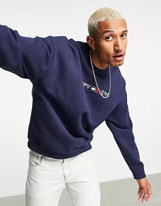 Tommy Jeans straight script embroid logo crewneck sweatshirt in navy | ASOS (Global)