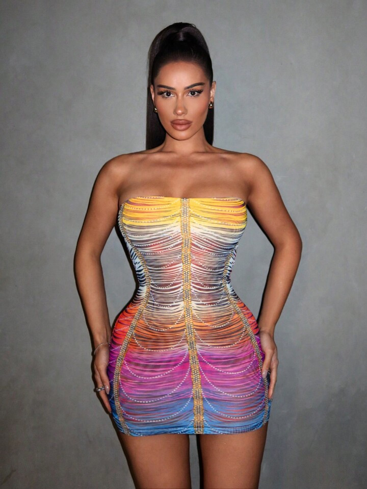 SHEIN SXY Rainbow Striped Rhinestone Mesh Printed Strapless Mini Bodycon Dress Holiday Sexy Summer Beach Vacation Boho Women Outfit Pride Clothes Western Wear Birthday Outfit Bachelorette Party Concert Club Graduation Party | SHEIN
