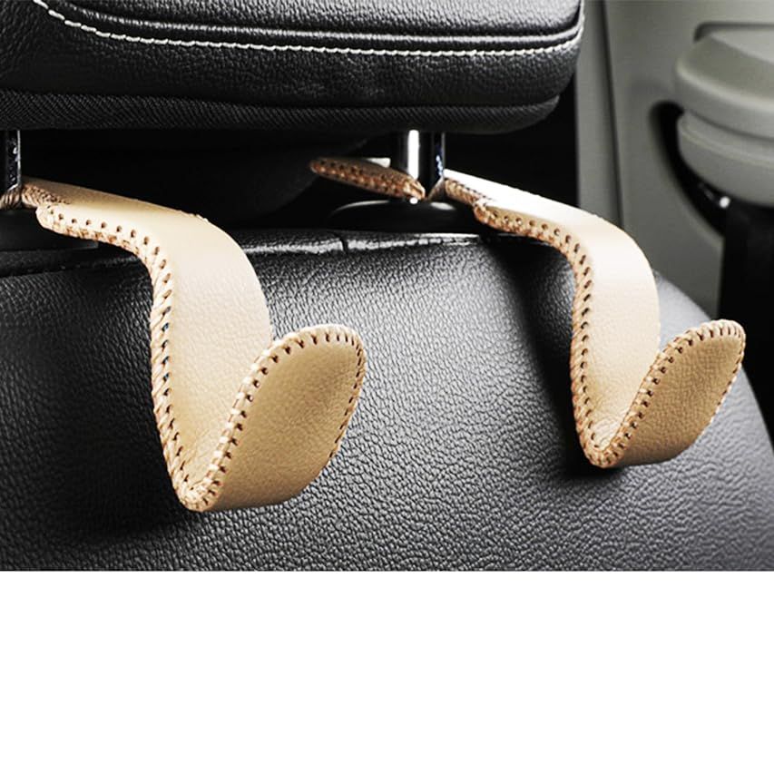 Car Hooks for Purses and Bags, Car Back Seat Headrest Hanger Vehicle Beige Leather Storage Hook | Amazon (US)