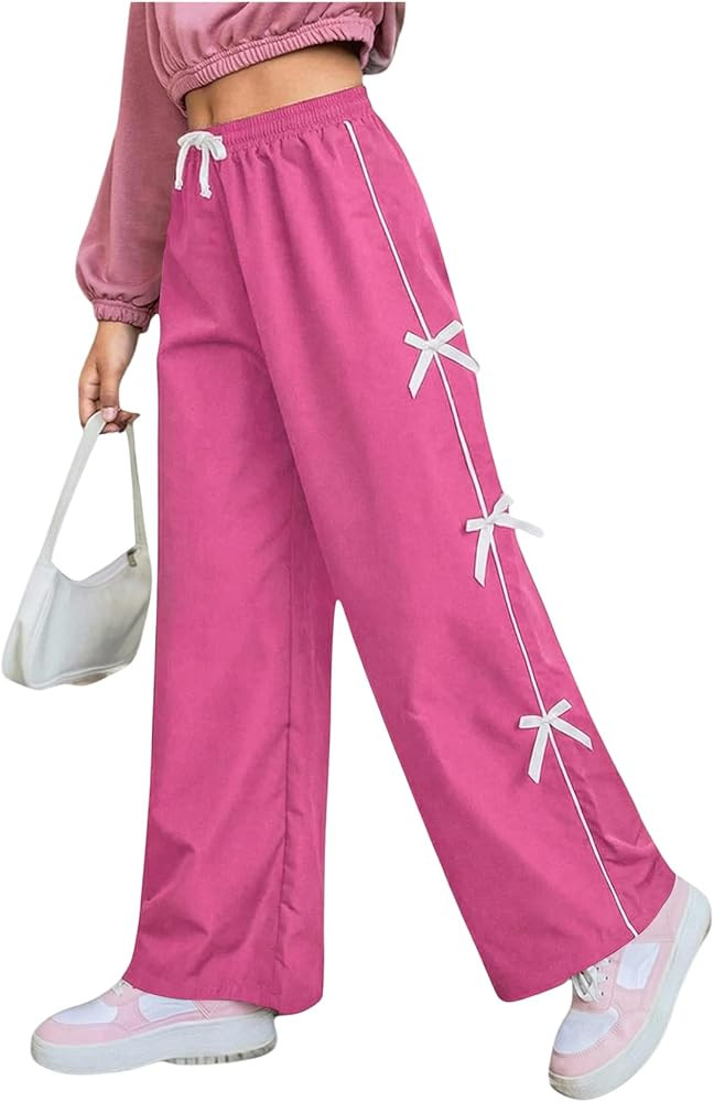 WDIRARA Girl's Bow Side Waist Track Pants Cute Wide Leg Trousers | Amazon (US)