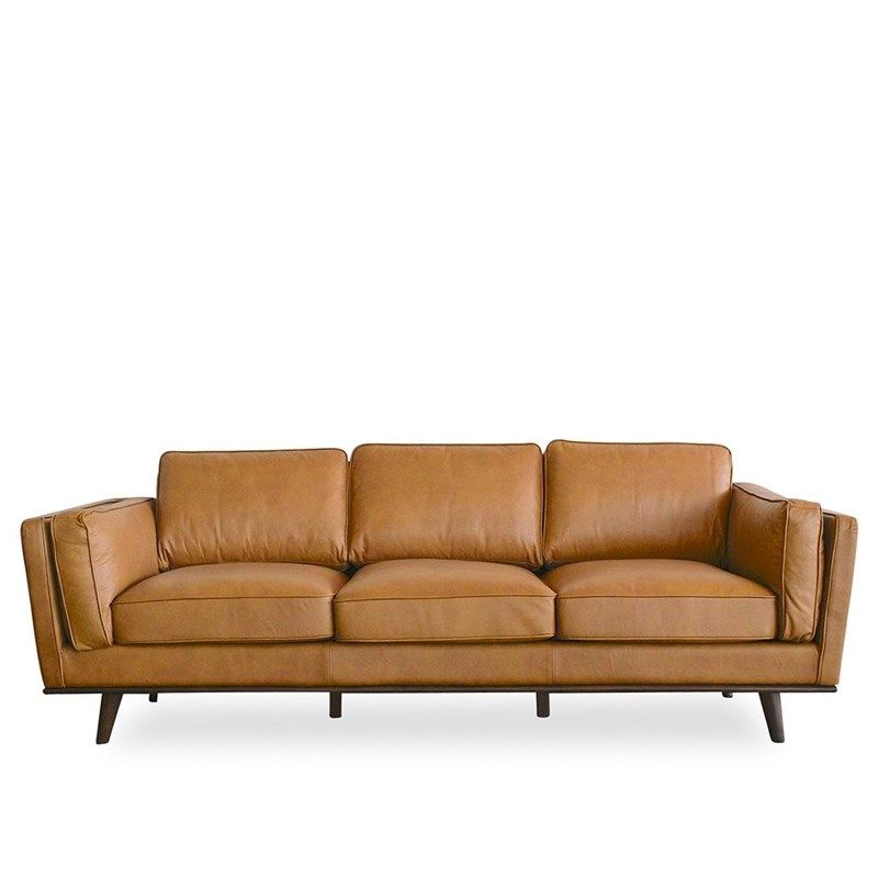 Allora Mid-Century Modern Cushion Back Genuine Leather Sofa in Tan | Homesquare