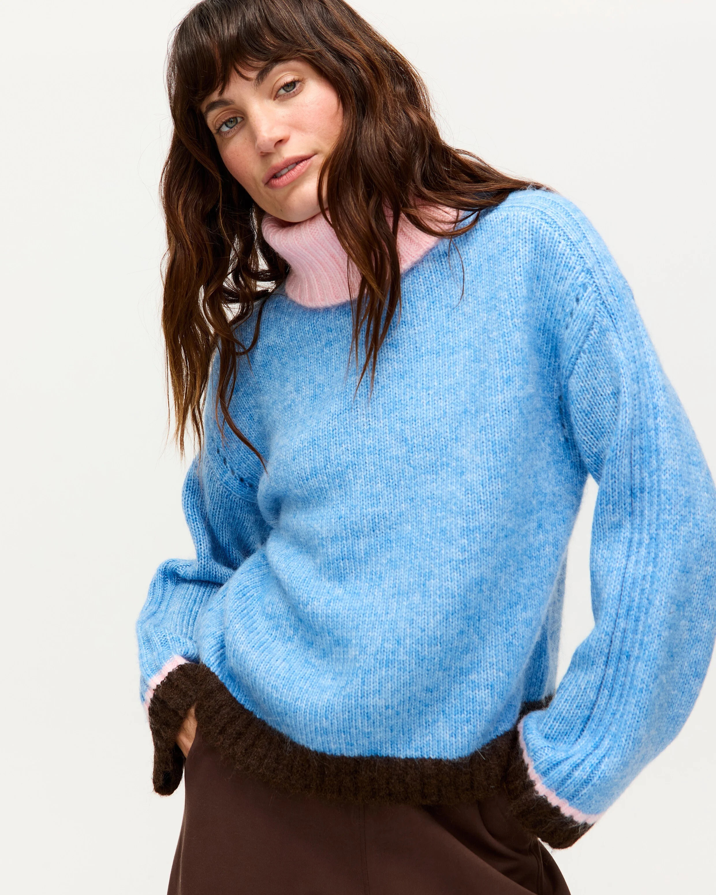 Blue Colour Block Roll Neck Knitted Jumper, size 10 | Oliver Bonas (Global)