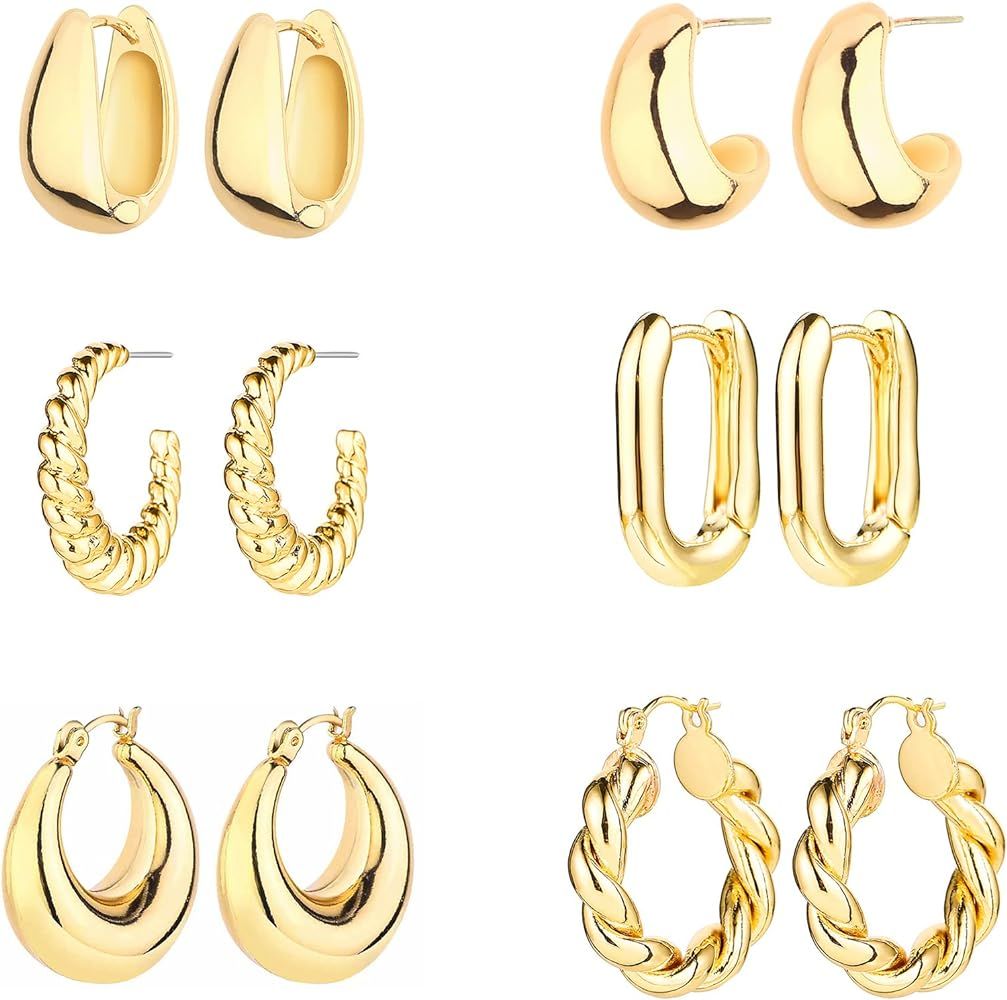 6 Pairs 14K Gold Hoop Earrings for Women Lightweight Chunky Hoop Earrings Multipack Hypoallergenic, Thick Open Twisted Huggie Hoops Earring Set Jewelry for Gifts. | Amazon (US)