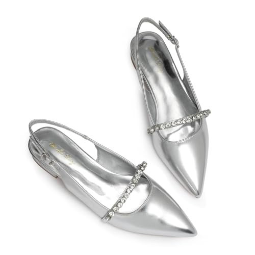 Elisabet Tang Women Slingback Flats with Rhinestone Pointed Toe Flats for Women Dressy Shoes Silver 8.5 | Amazon (US)