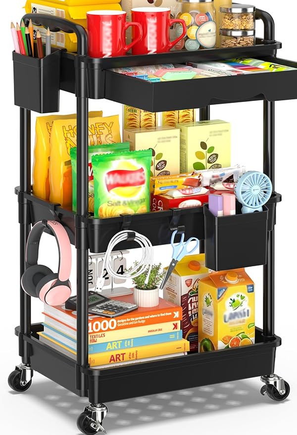 3 Tier Rolling Cart with Drawer, Bathroom Storage Organizer with 2 Lockable Wheels, Multifunction... | Amazon (US)
