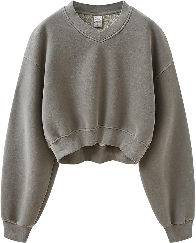 Womens V Neck Cropped Sweatshirt Long Sleeve Crop Pullover Fleece Hoodie Acid Wash Athletic Worko... | Amazon (US)