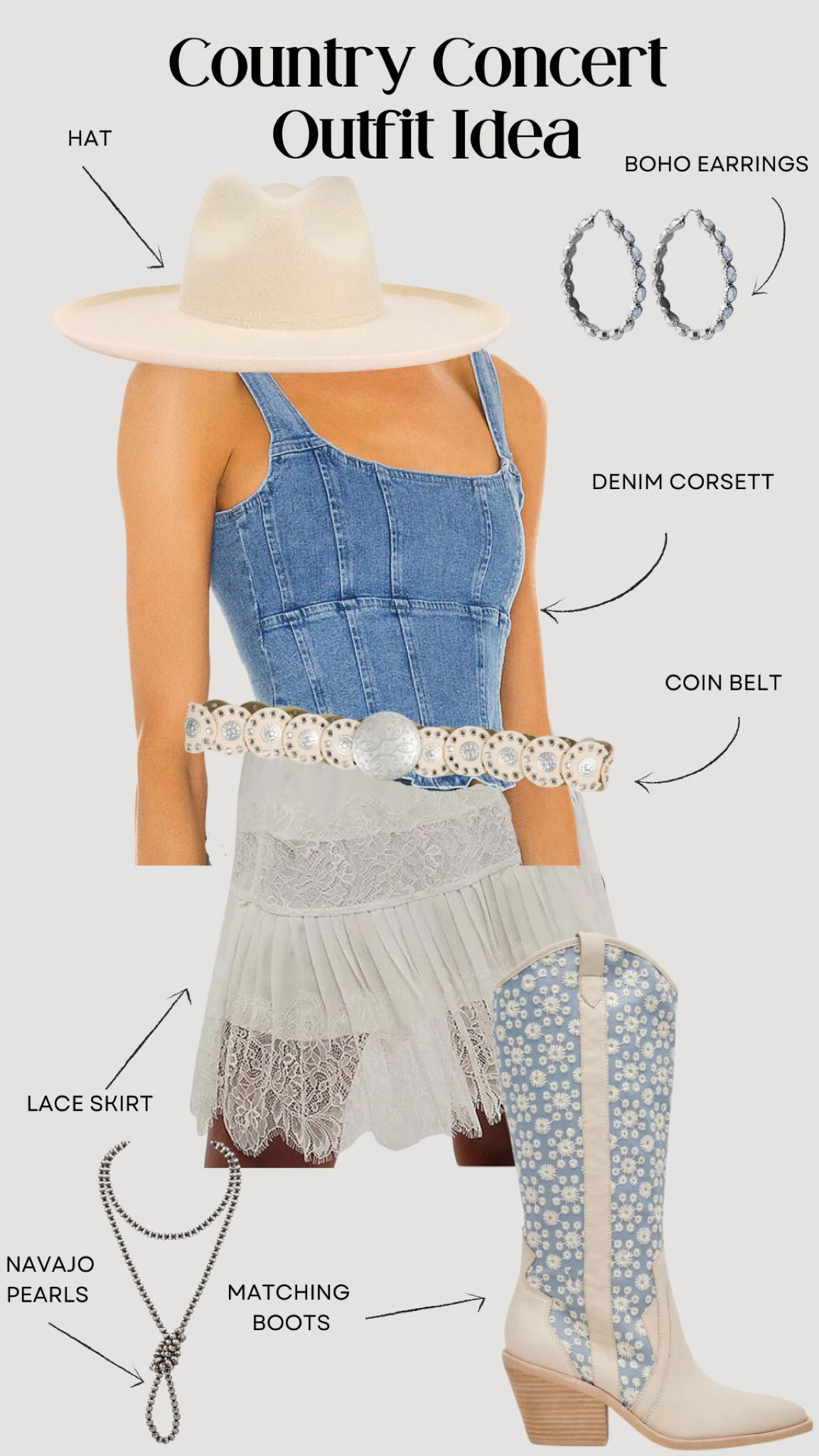 Another country concert outfit idea inspired by the most stunning blue and white cowboy boots! I’m in love with these paired with a lace skirt and a denim corset top! 

#LTKFestival #LTKStyleTip #LTKSeasonal