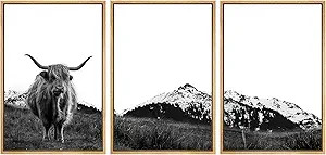 SIGNWIN 3 Piece Framed Canvas Wall Art Highland Cattle in Front of Snowy Mountain Duotone Black a... | Amazon (US)