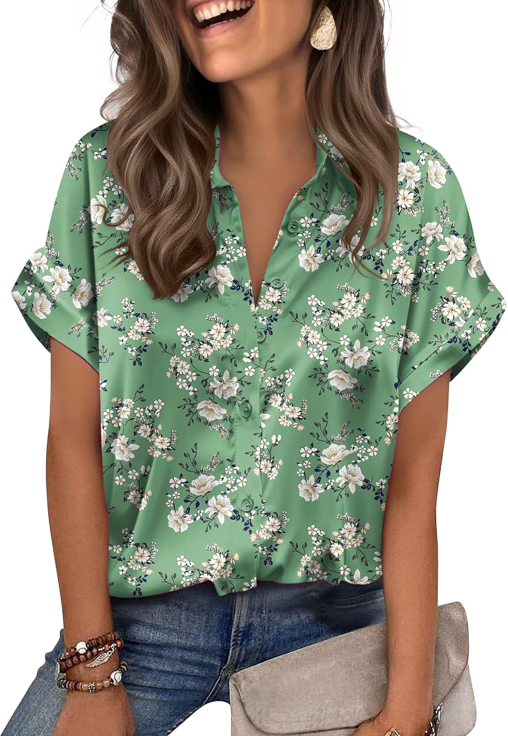 Zeagoo Womens Satin Blouse Short Sleeve Silk Tops Button Down Shirts | Amazon (US)