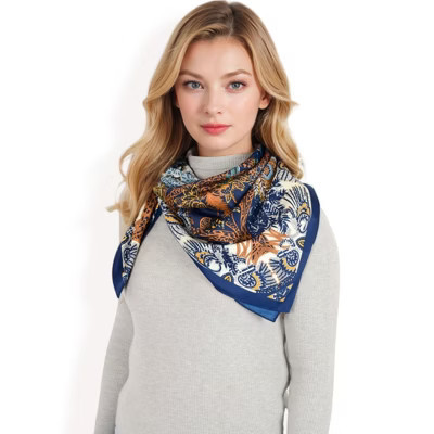 Anna-Kaci Women's Floral Paisley Satin Silk Scarf with Vibrant Prints and Elegant Square Design-Navy Blue | Target