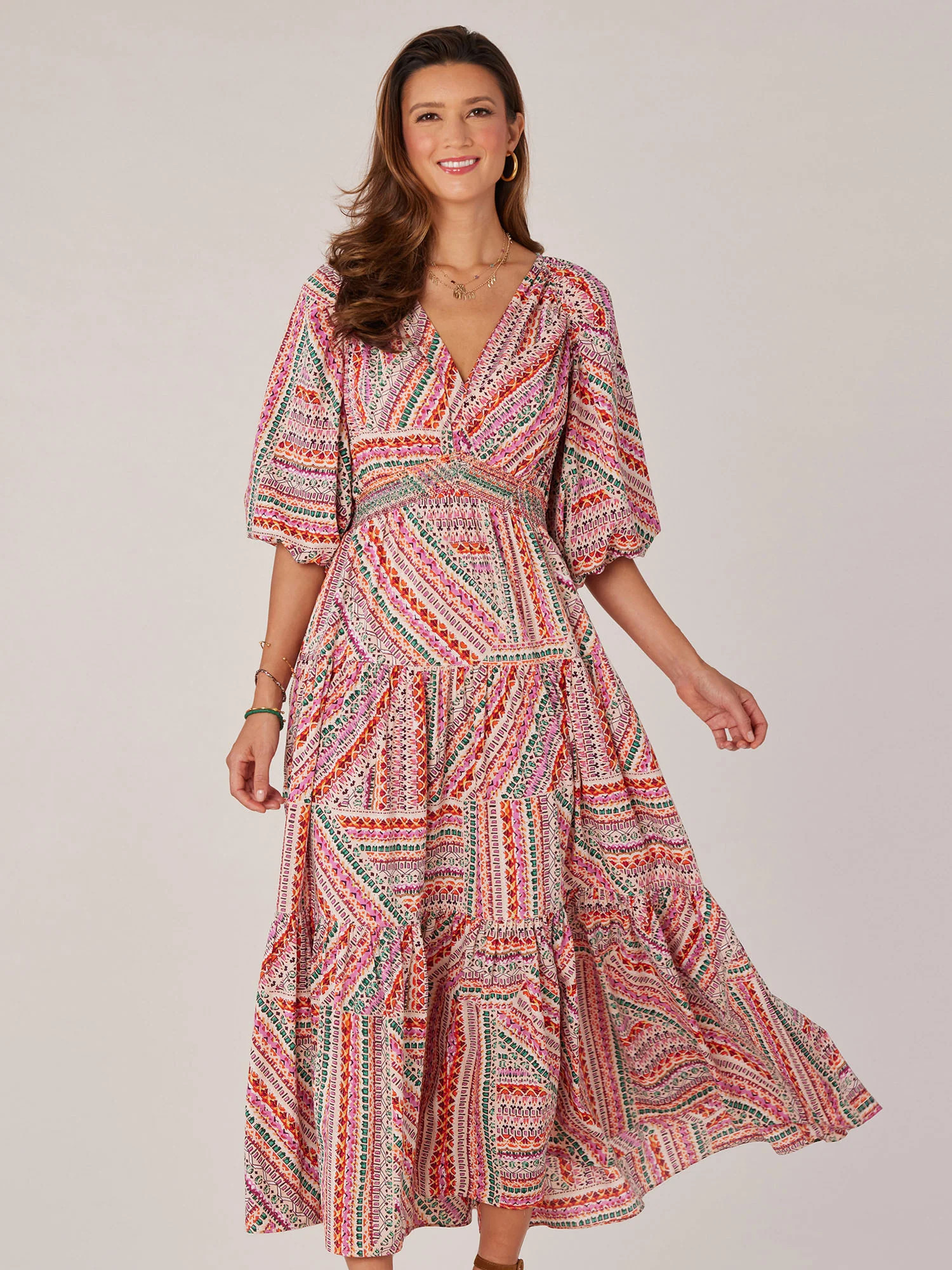 Three Quarter Bubble Sleeve V-Neck Printed Three Tiered Woven Dress | Democracy Clothing