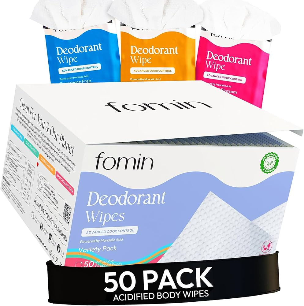 FOMIN Acidified Travel Deodorant Wipes For Women & Men - 50 Count - Variety Pack - pH Balanced, M... | Amazon (US)
