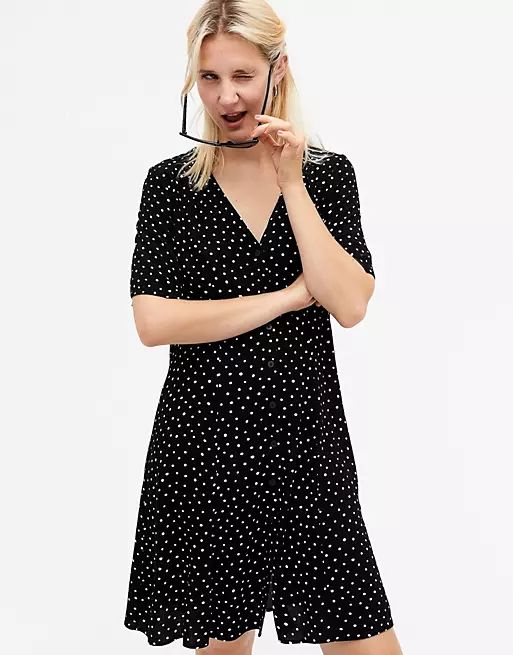 Monki Winona polka dot button through mini dress in black | ASOS (Global)