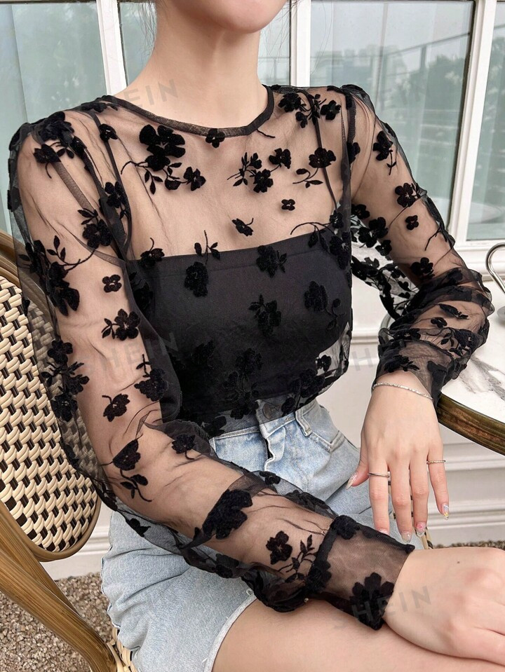 DAZY Floral Embroidery Mesh Top Without Cami Top | SHEIN