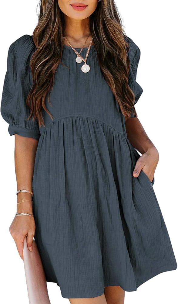 Dokotoo Womens 2025 Spring Summer Crewneck Puff Sleeve Babydoll Elegant Empire Waist Mini Swing S... | Amazon (US)