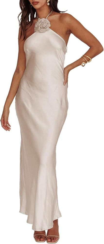 Summer Satin Halter Backless Maxi Dresses for Women 2025 Silk Sleeveless Formal Wedding Guest Lon... | Amazon (US)
