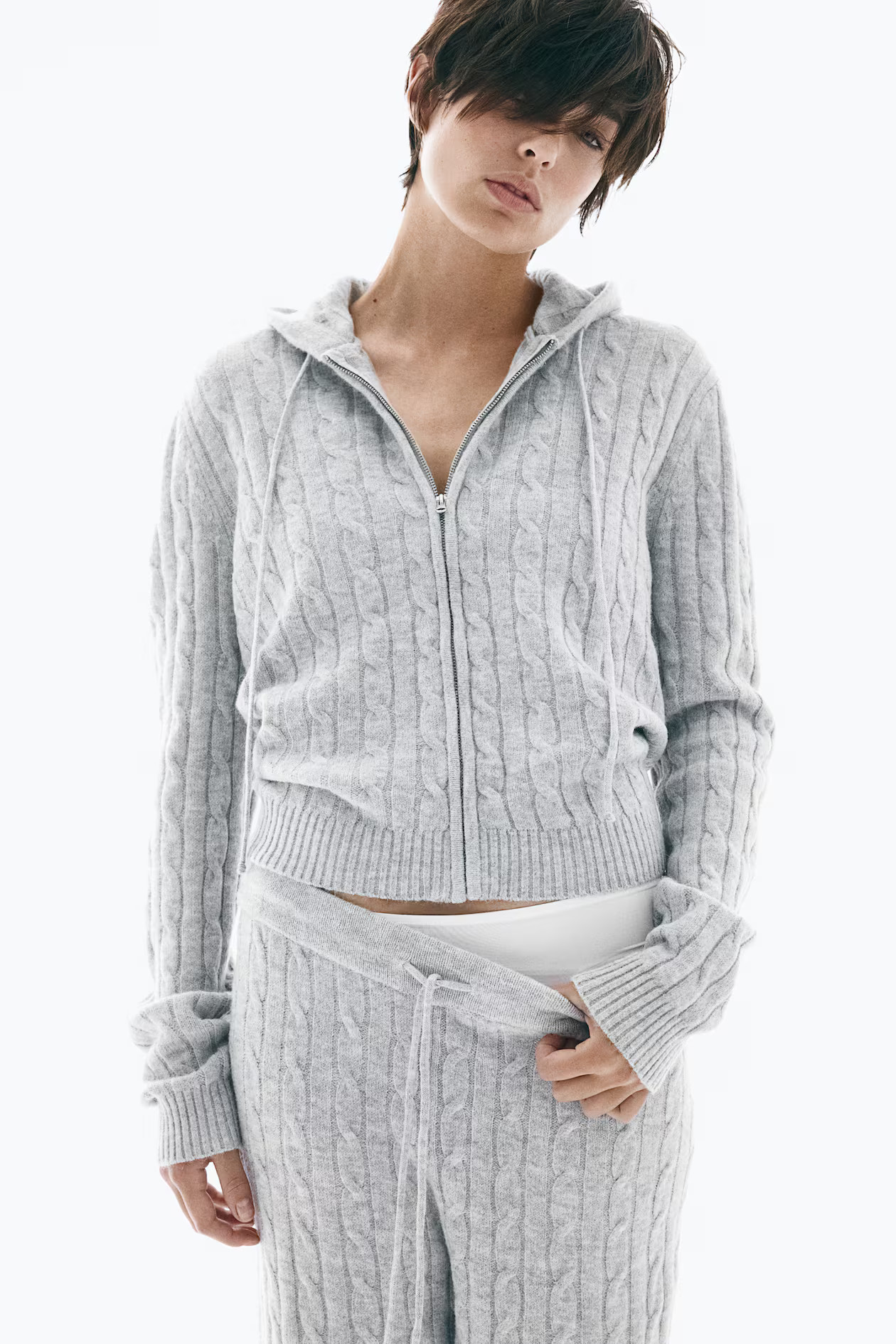 Cable-knit zip-through hoodie - Light grey marl - Ladies | H&M GB | H&M (UK, MY, IN, SG, PH, TW, HK)