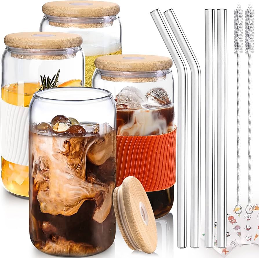 Glass Cups with Lids and Straws 4pcs[Coffee Accessories Gifts] ,16oz Iced Coffee Cups with Lids-B... | Amazon (US)