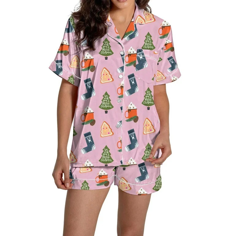Christmas Pink Womens Pajama Sets Women Pajamas Graphic Printed Silk Satin Cute Sleepwear Buttons... | Walmart (US)